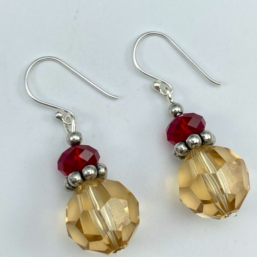Made With Swarovski Crystals Champagne Red Beaded Sterling Silver Earrings